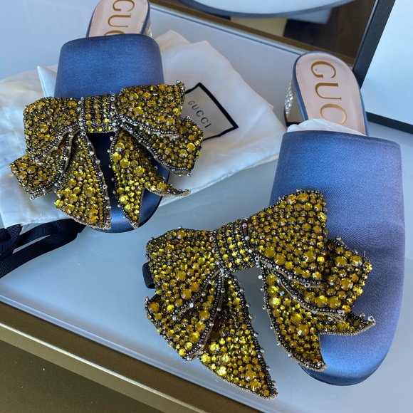 Gucci Denim blue satin mule with crystal heels and re-movable crystal bows sz 38 - Picture 1 of 9